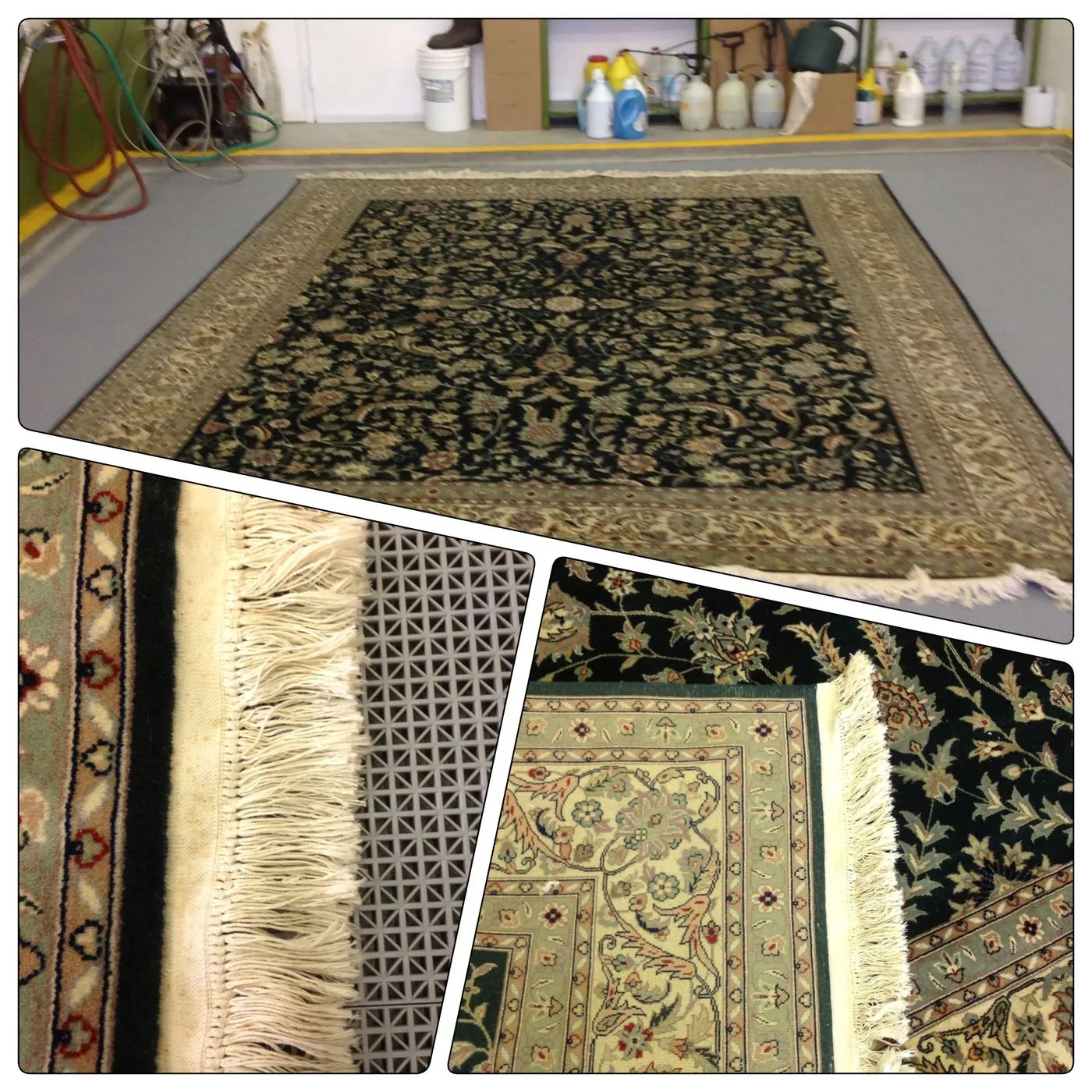An oriental rug laid out flat after washing, colors clean and even
