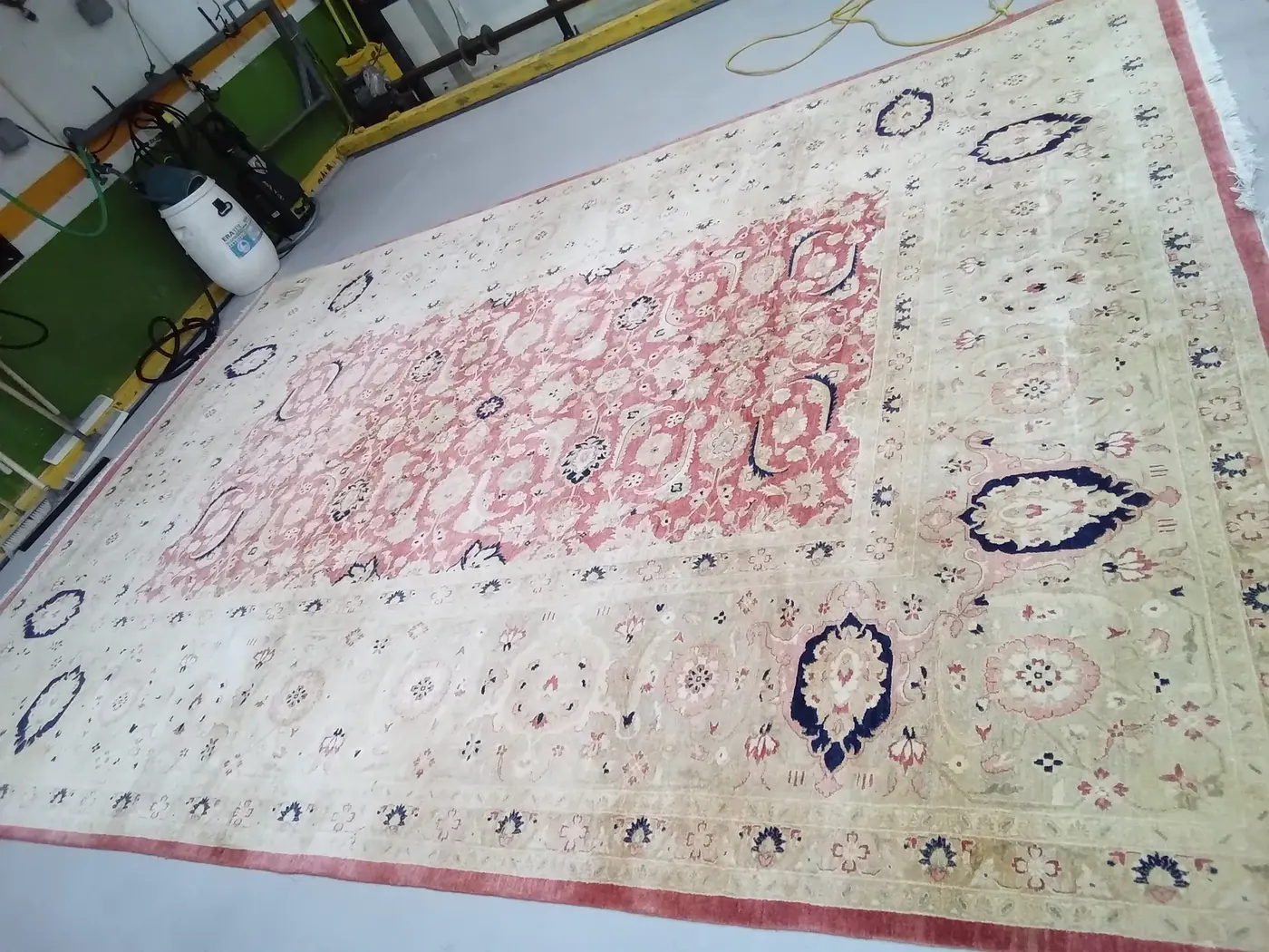 Large pale Persian rug spread flat on the floor after cleaning